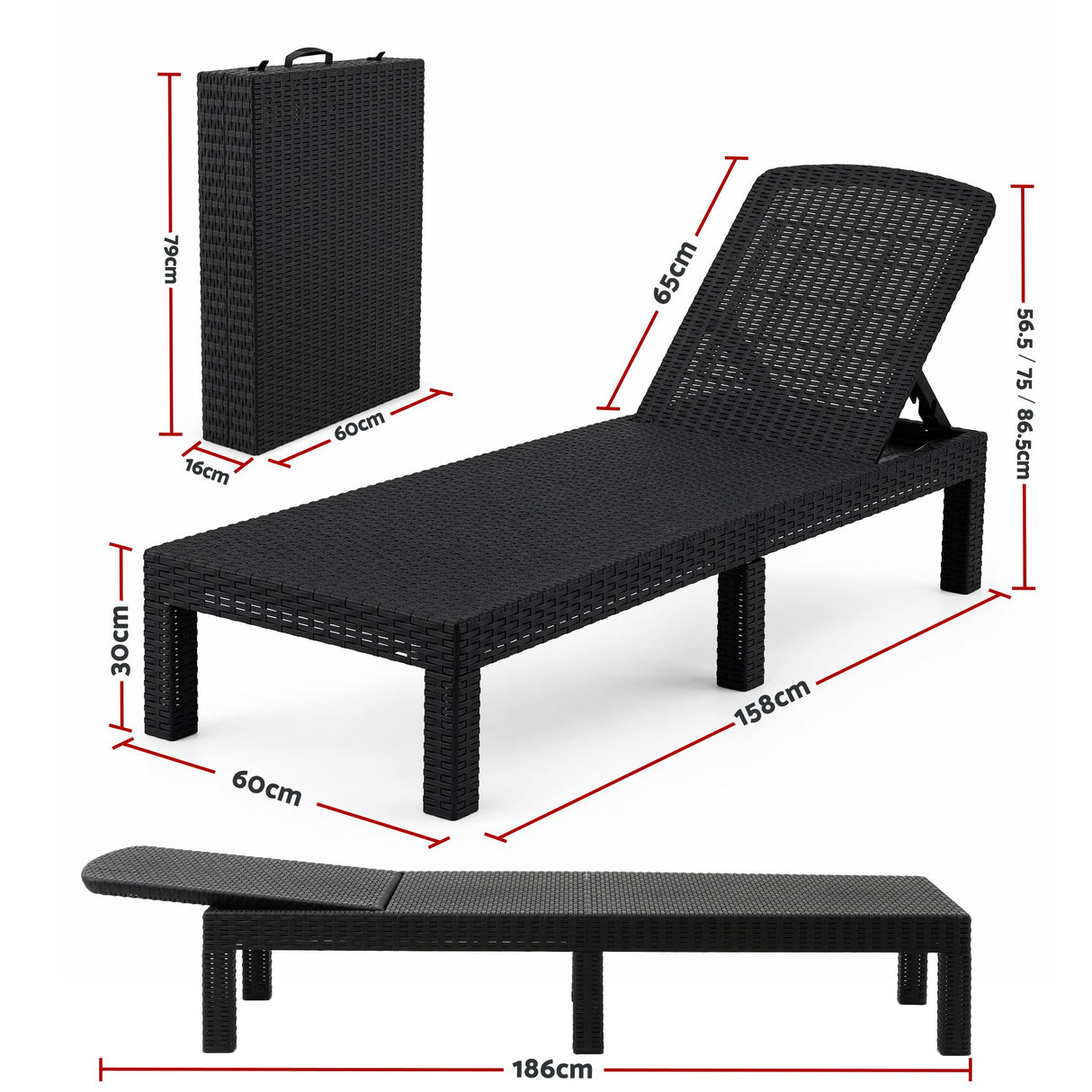 Gardeon Sun Lounge Outdoor Folding Recliner Patio Pool Beach Chair Rattan Black