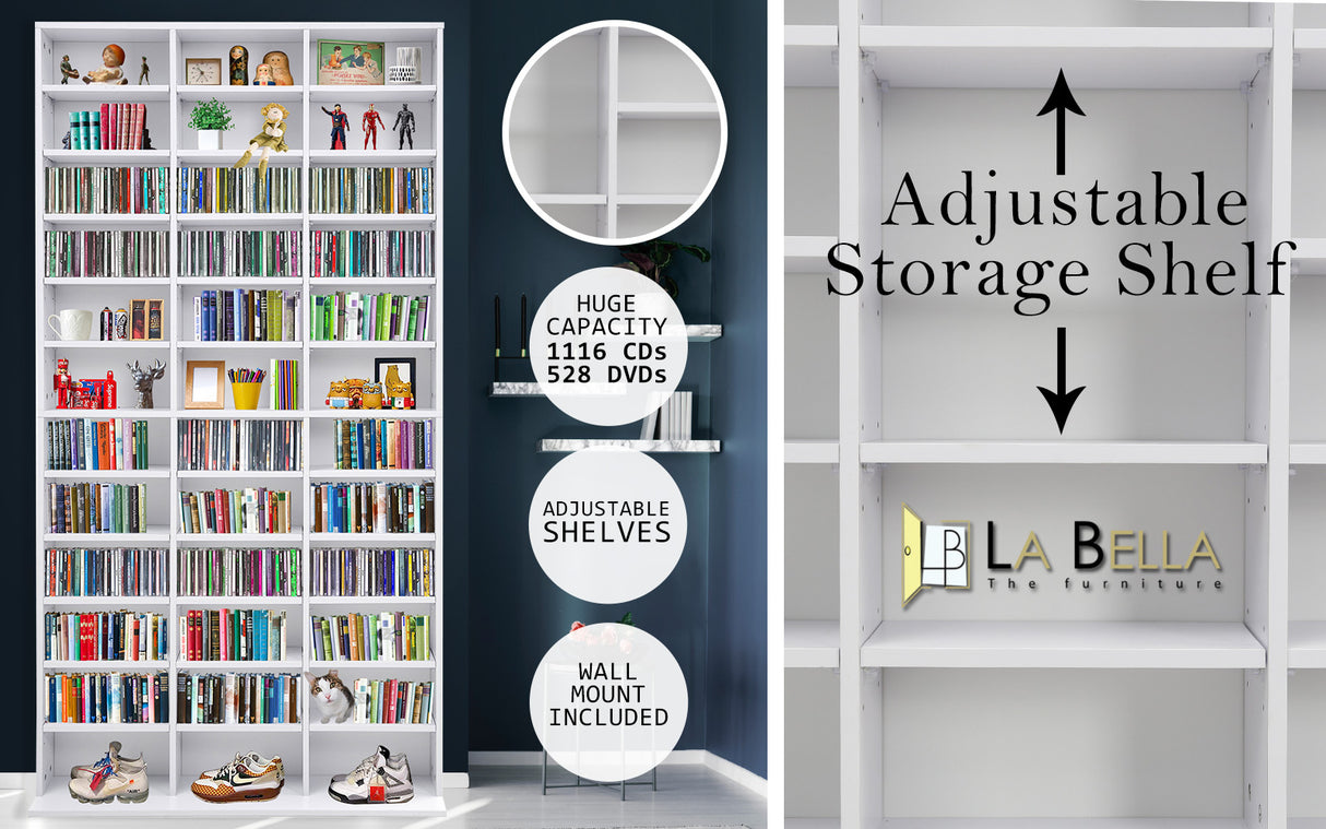 Adjustable Shelves CD DVD Bookcase Storage Shelf - WHITE