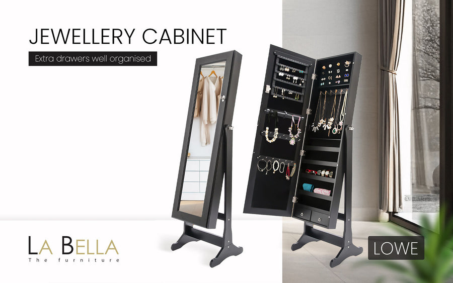 146cm Mirror Jewellery Cabinet 2 Drawers LOWE - BLACK