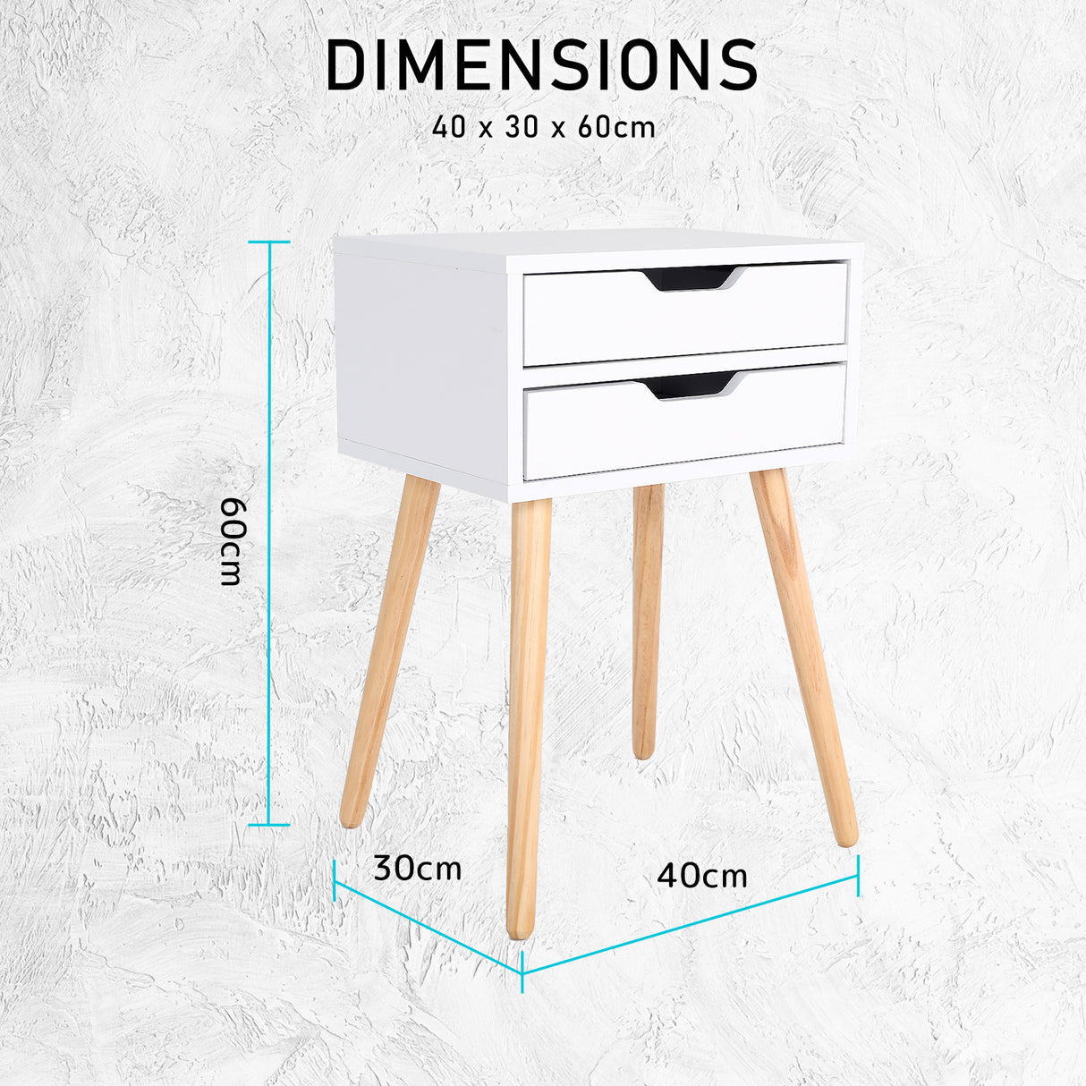 Bedside Table 2 Drawer Long Wood Leg SUZY - WHITE