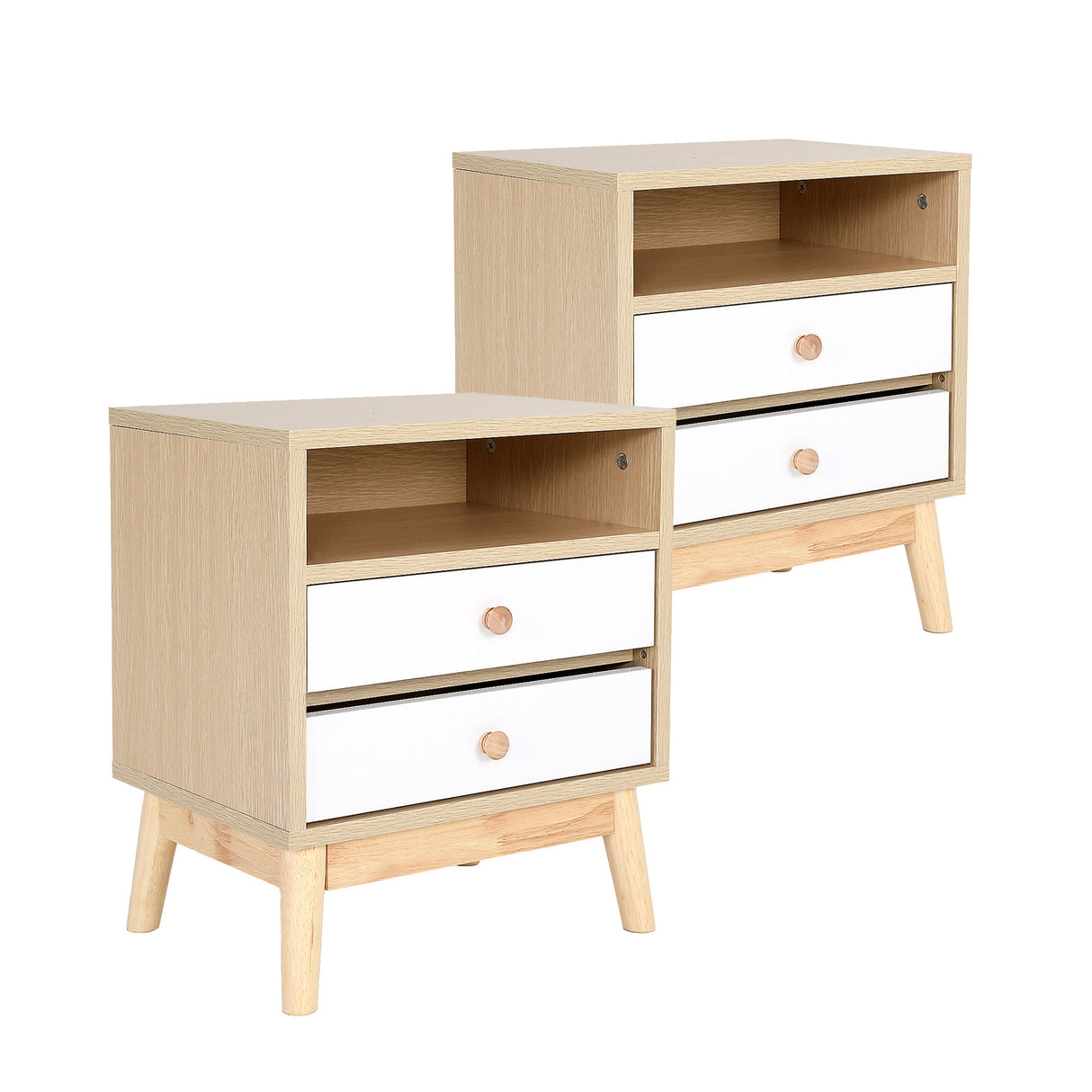 2X Bedside Tables 2 Drawer Wood Leg ANYA - OAK