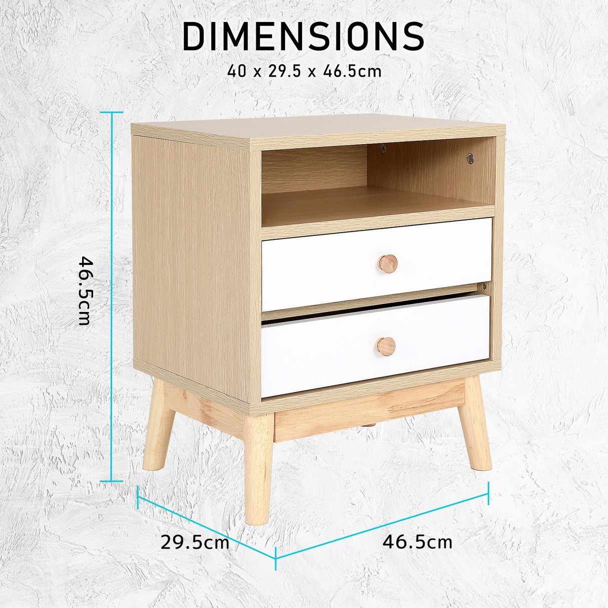 2X Bedside Tables 2 Drawer Wood Leg ANYA - OAK