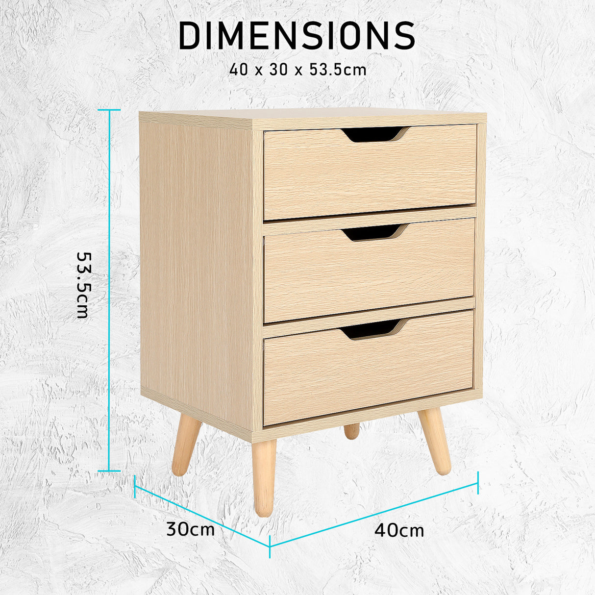 2X Bedside Table 3 Drawer Wood Leg LACY - OAK