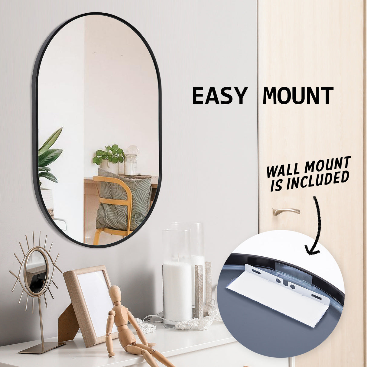 50x75cm Wall Mirror Oval Bathroom - BLACK