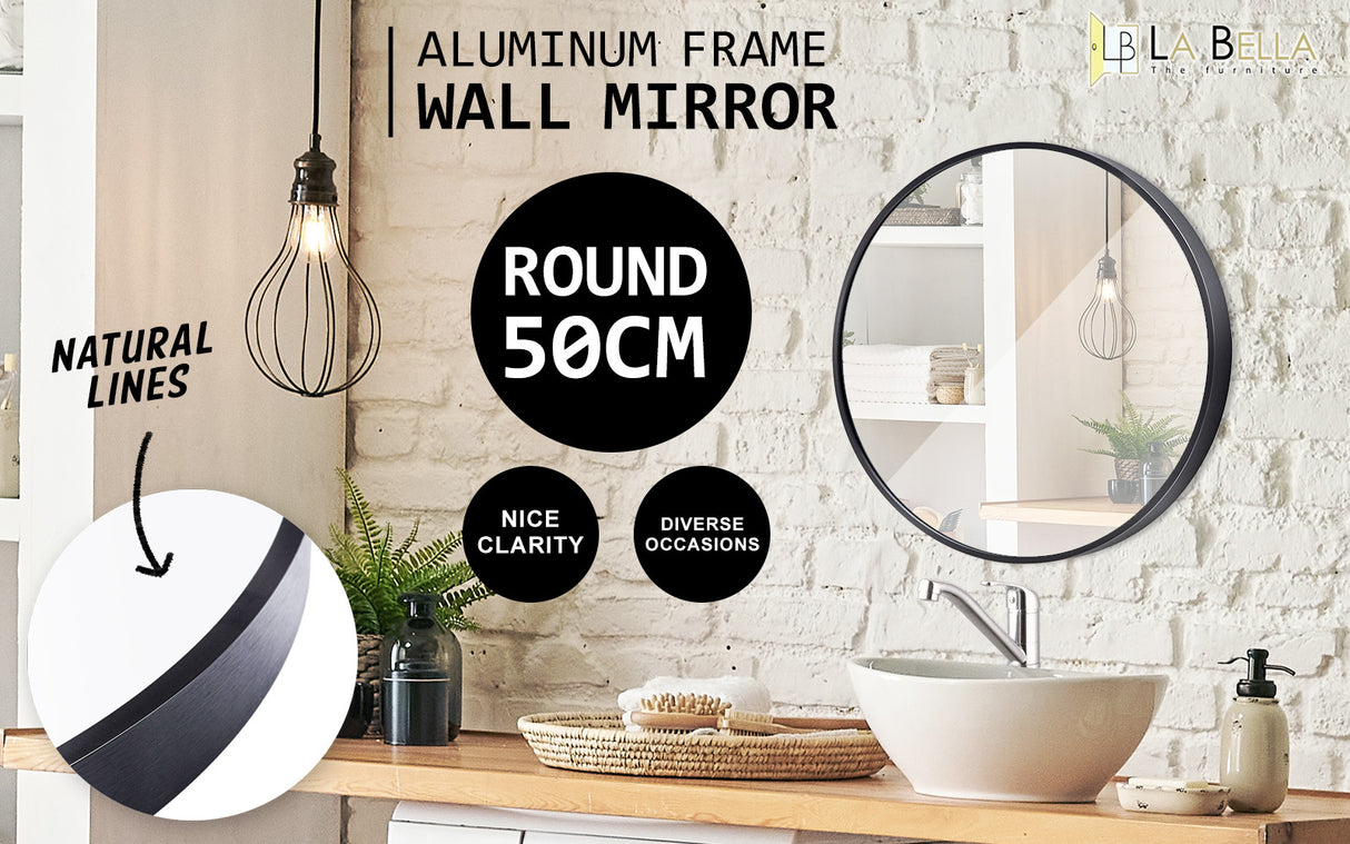 2 Set 50cm Wall Mirror Round Bathroom - BLACK