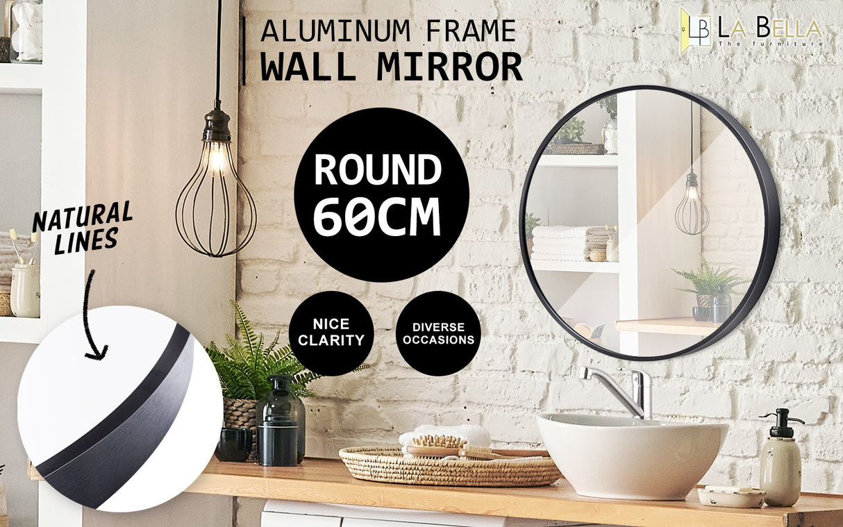 60cm Wall Mirror Round Bathroom - BLACK