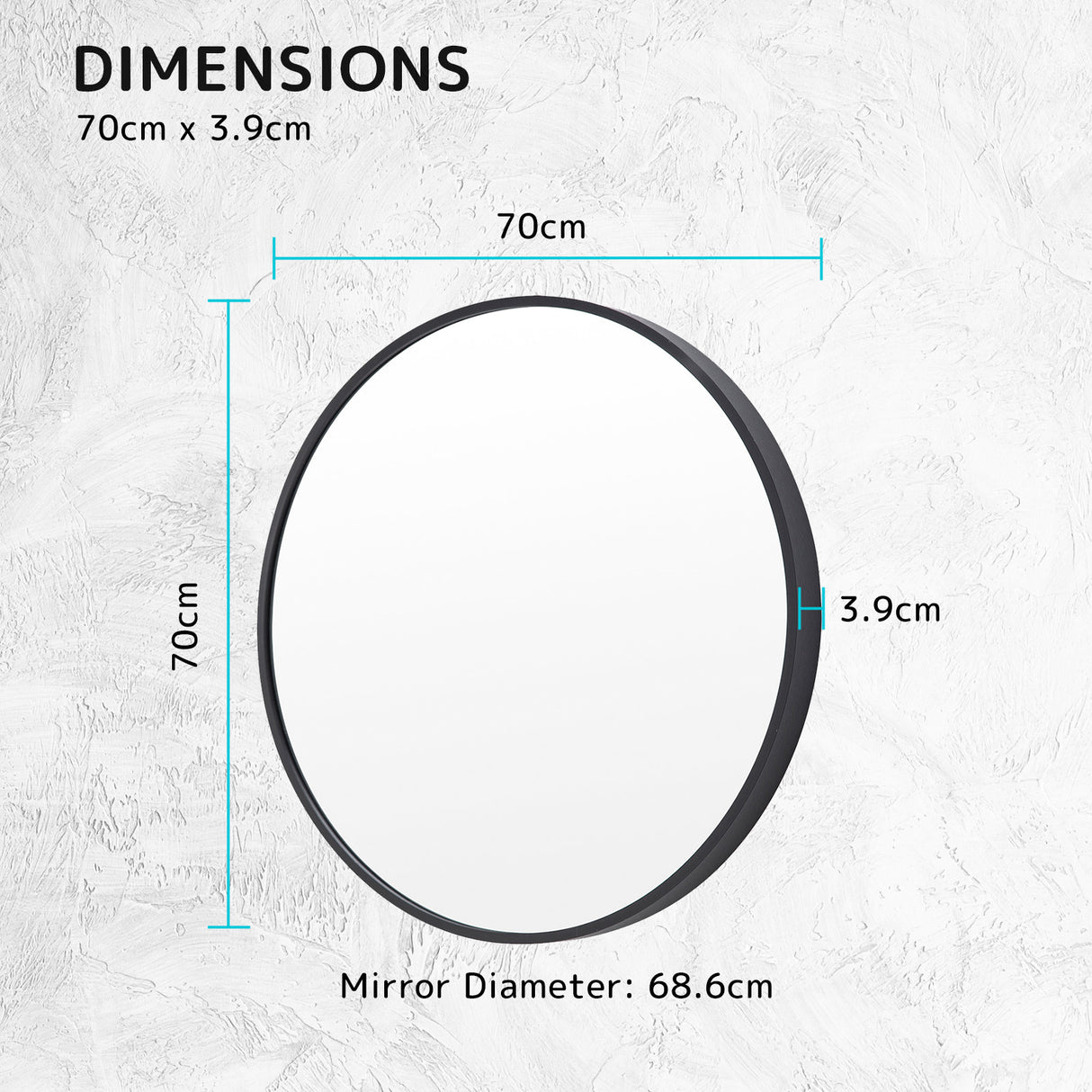 2 Set 70cm Wall Mirror Round Bathroom - BLACK