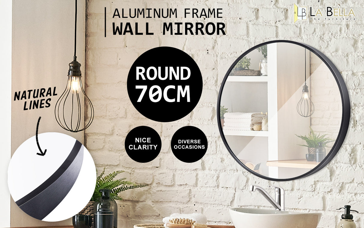 2 Set 70cm Wall Mirror Round Bathroom - BLACK