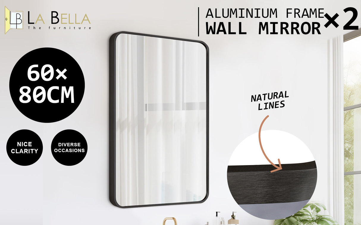 2 Set 60x80cm Rectangular Wall Mirror Bathroom - BLACK