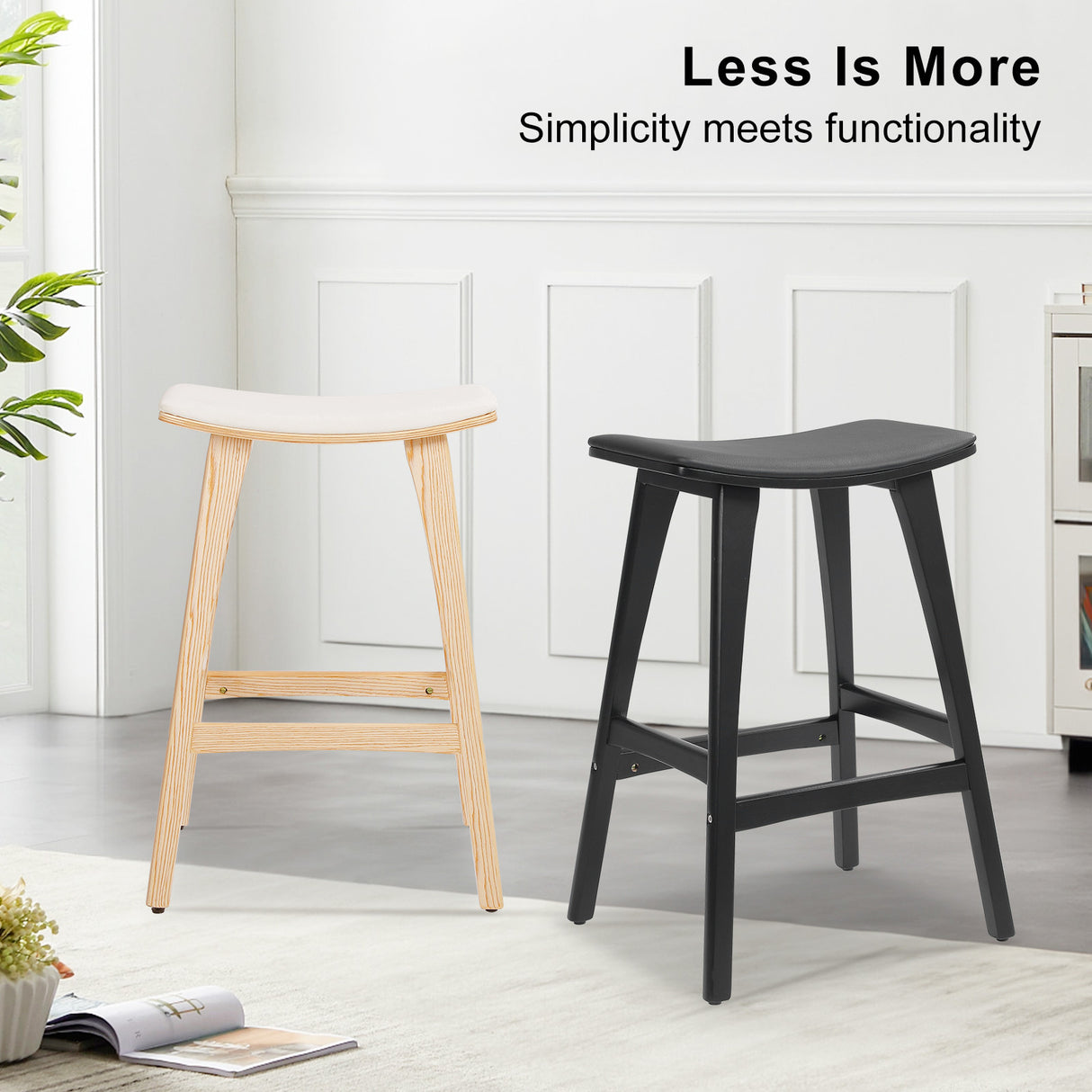 2X 65cm Wooden Bar Stool Padded PU Leather KANSO - BLACK