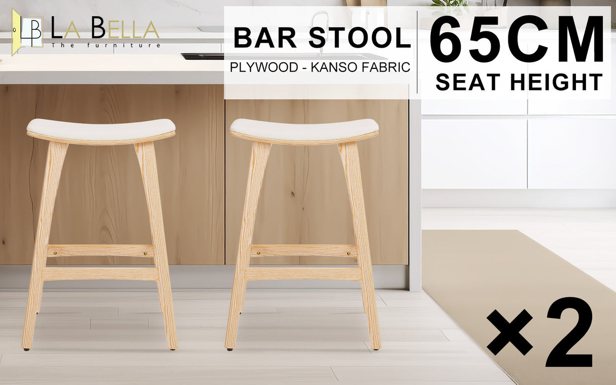 2X 65cm Wooden Bar Stool Padded Fabric KANSO - BEIGE