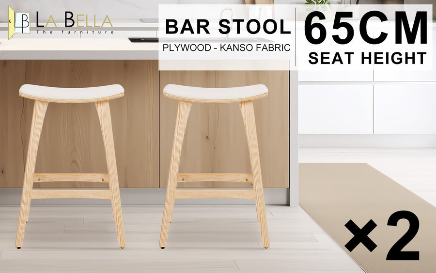 2X 65cm Wooden Bar Stool Padded Fabric KANSO - BEIGE