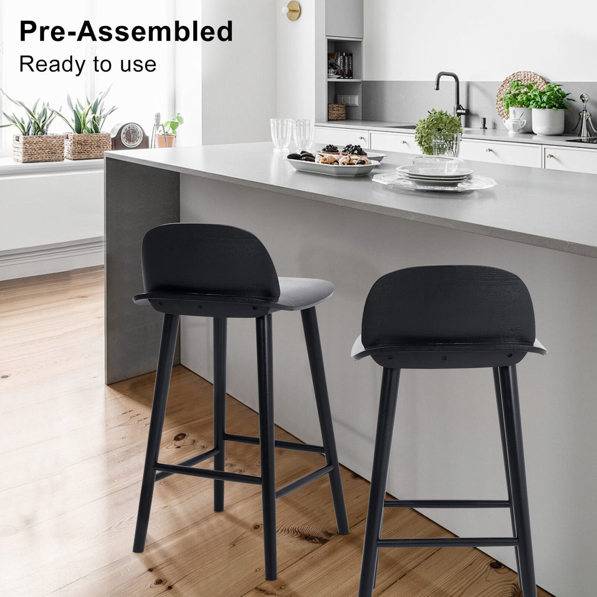 2X 65cm Wooden Bar Stool Ash Wood ELISE - BLACK
