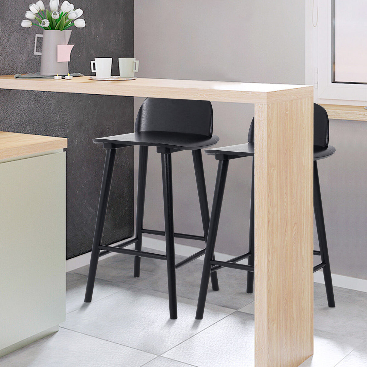 2X 65cm Wooden Bar Stool Ash Wood ELISE - BLACK