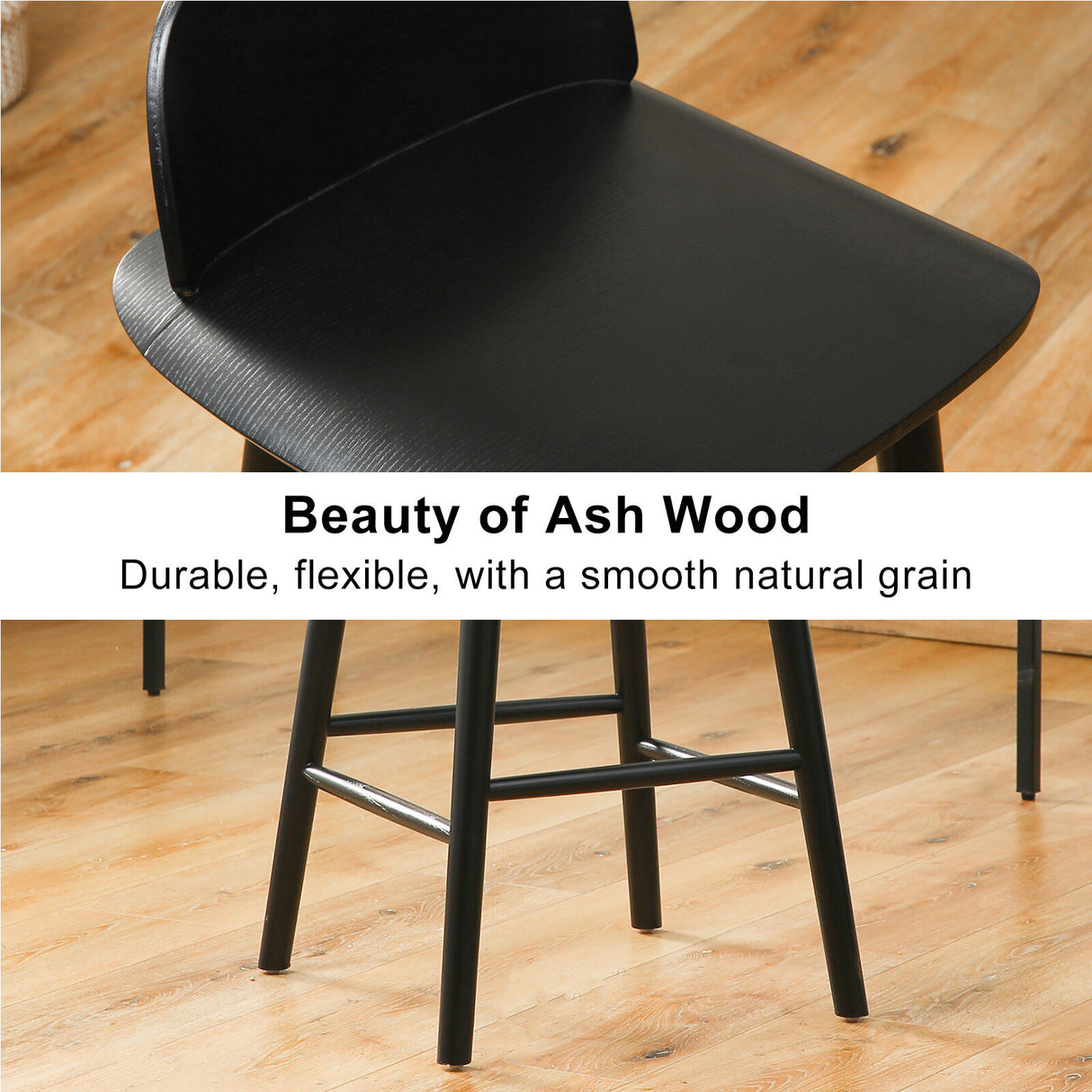 2X 65cm Wooden Bar Stool Ash Wood ELISE - BLACK
