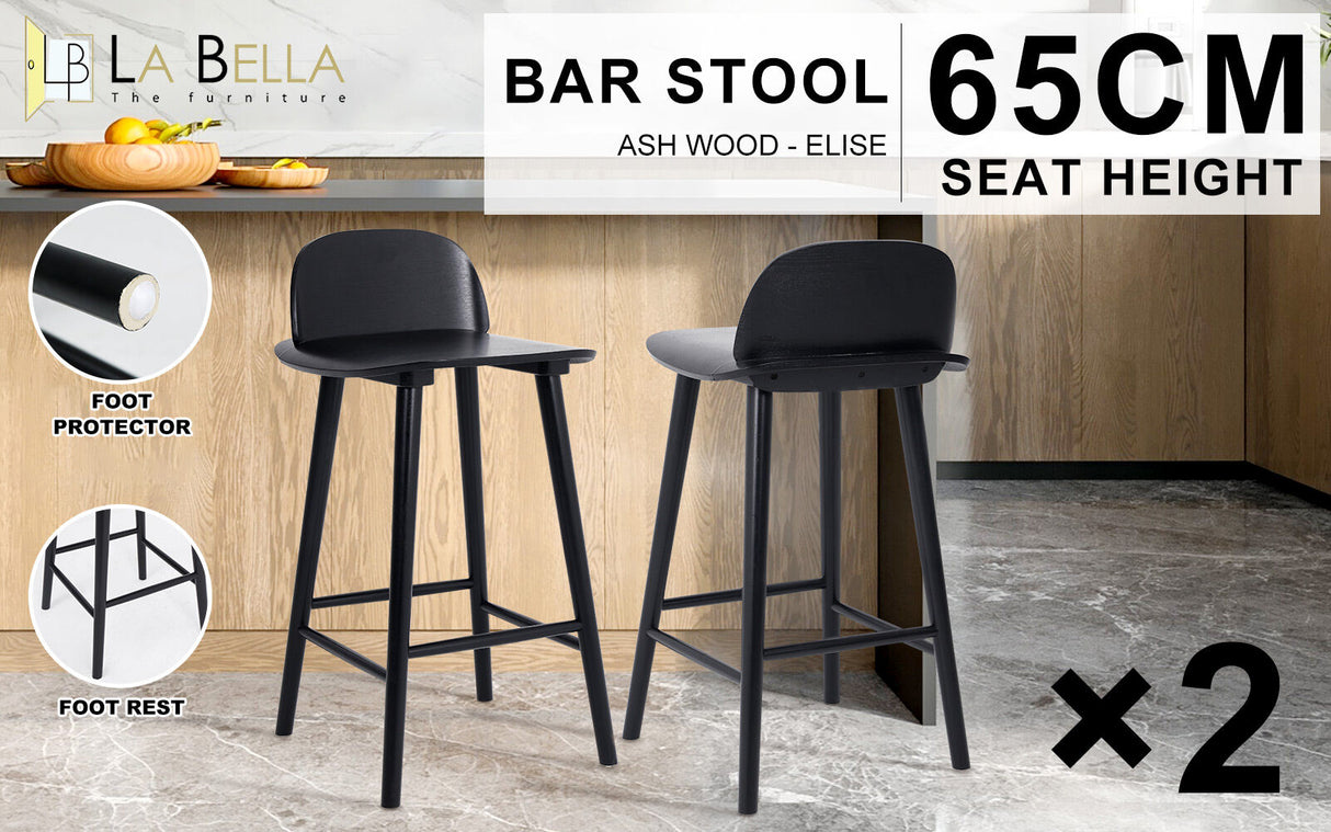 2X 65cm Wooden Bar Stool Ash Wood ELISE - BLACK