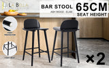 2X 65cm Wooden Bar Stool Ash Wood ELISE - BLACK - Front View