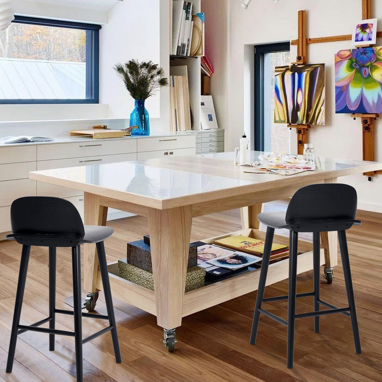 2X 65cm Wooden Bar Stool Ash Wood ELISE - BLACK