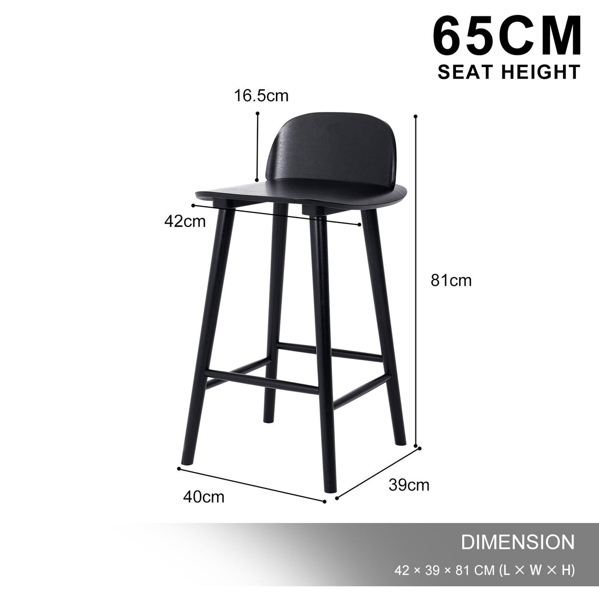2X 65cm Wooden Bar Stool Ash Wood ELISE - BLACK