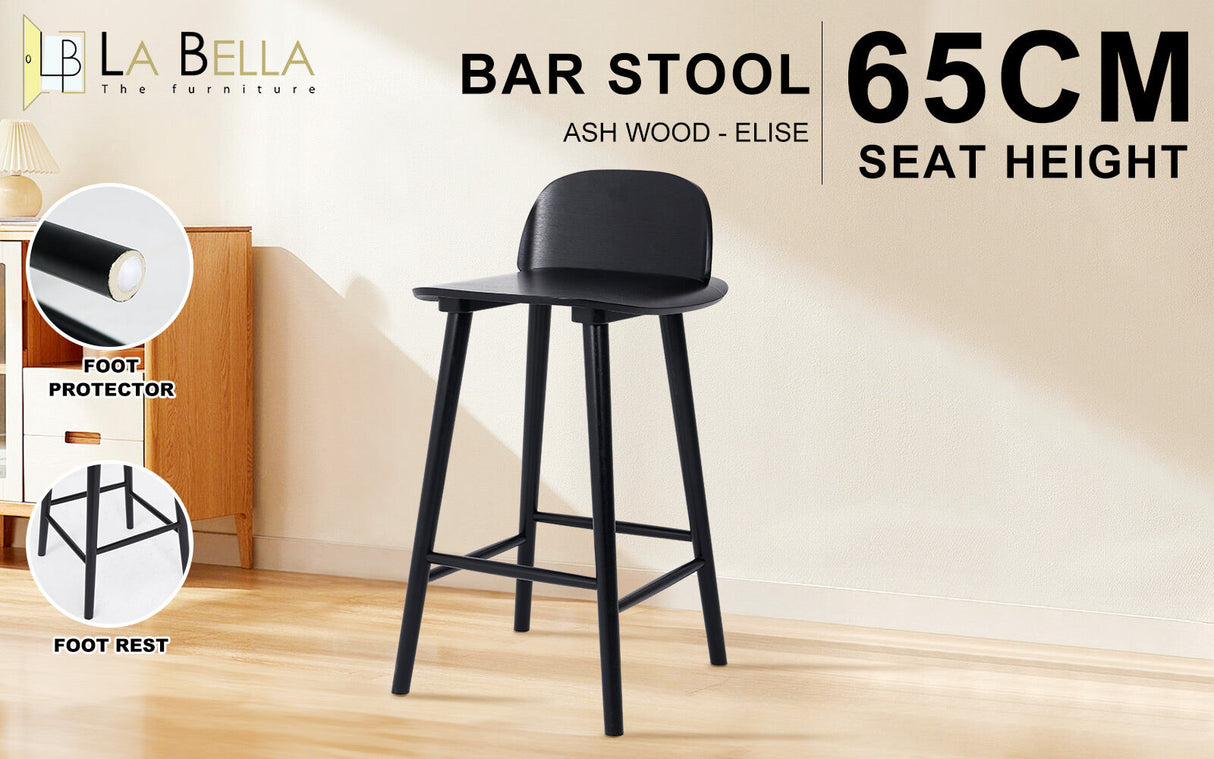 65cm Wooden Bar Stool Ash Wood ELISE - BLACK