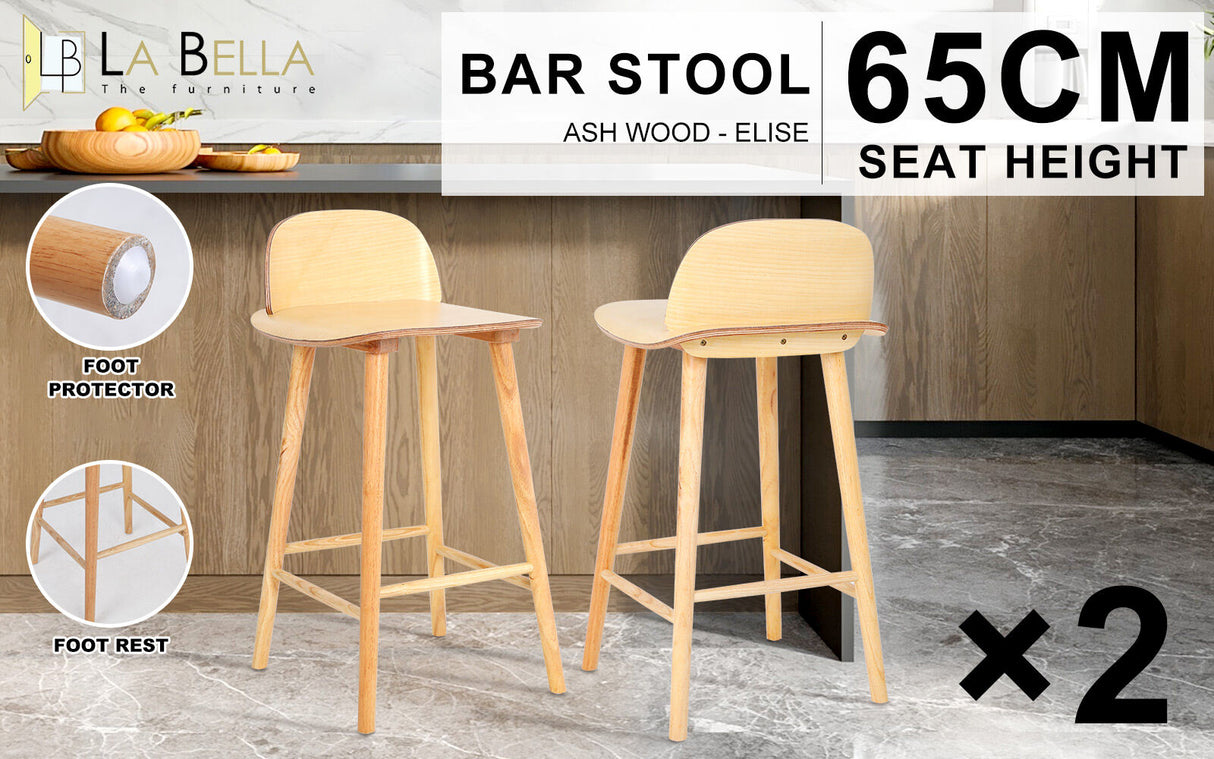 2X 65cm Wooden Bar Stool Ash Wood ELISE