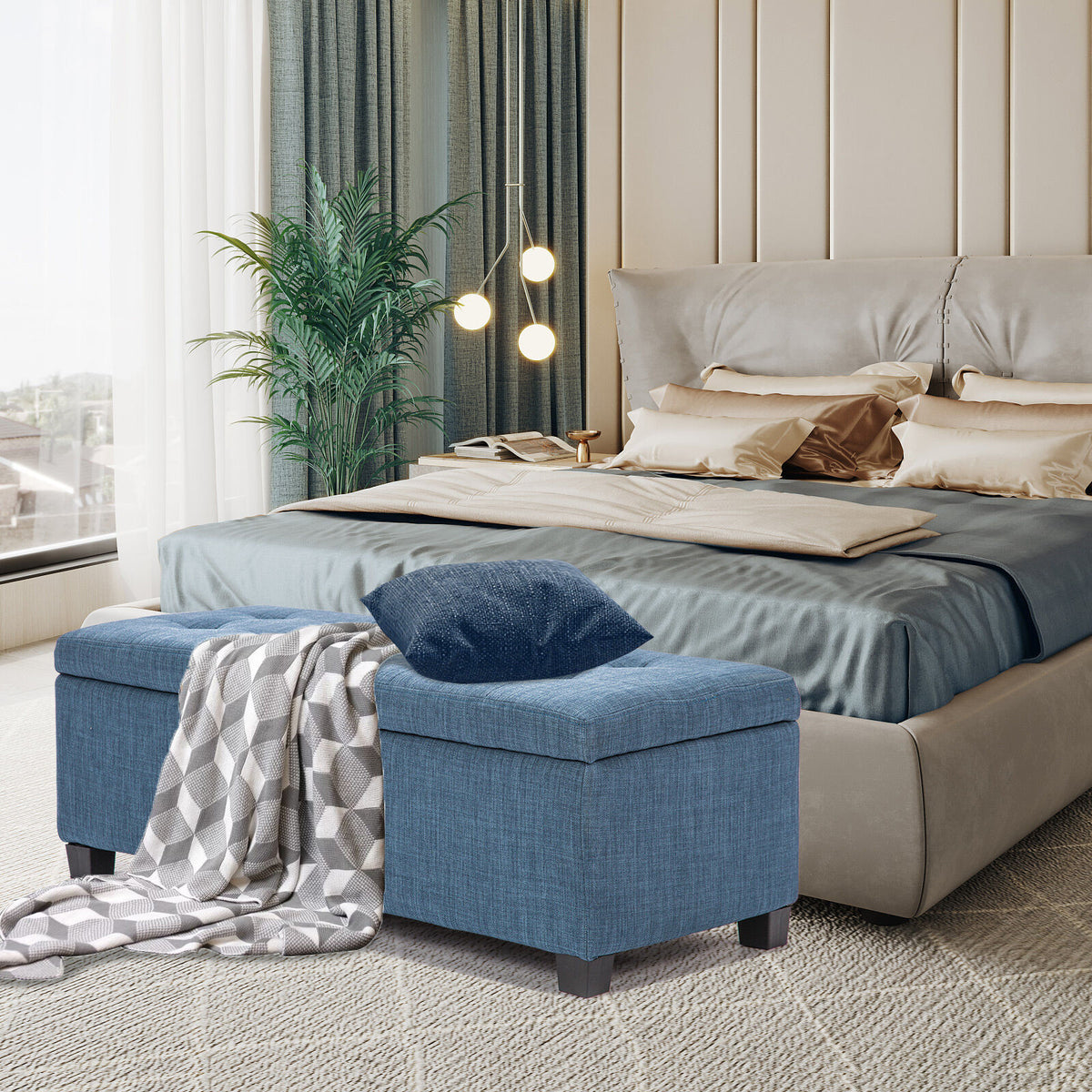 102cm Storage Ottoman Fabric - DARK BLUE