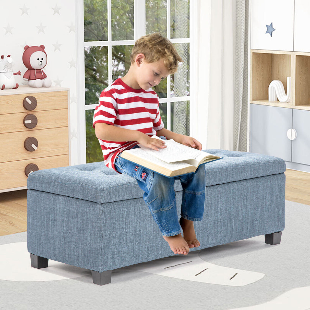 102cm Storage Ottoman Fabric - LIGHT GREY BLUE