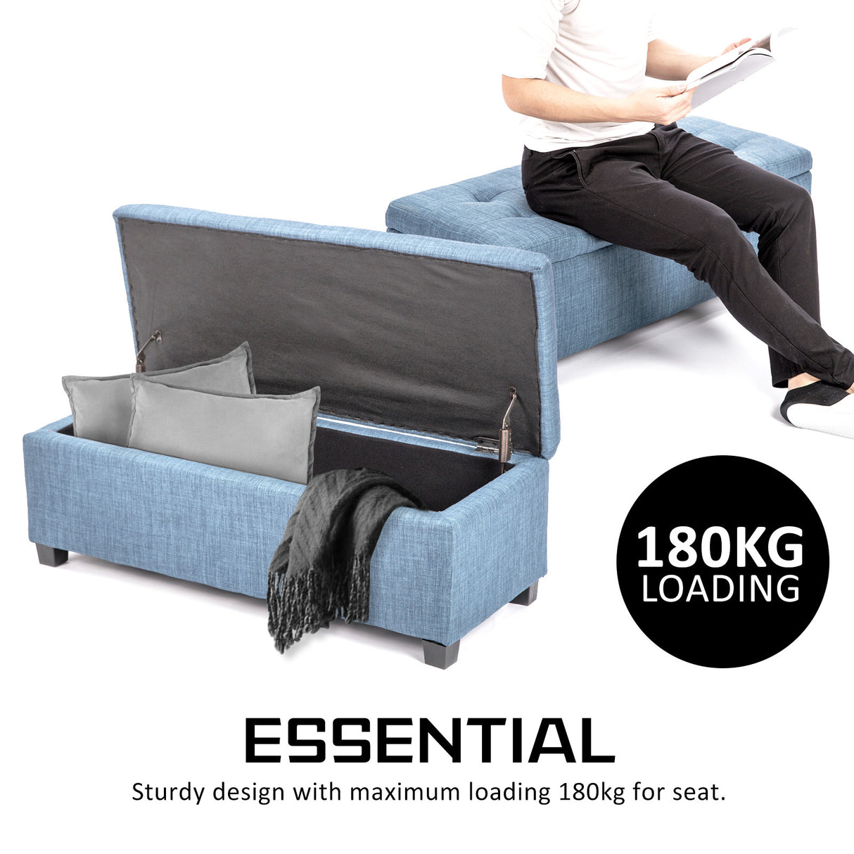 102cm Storage Ottoman Fabric - LIGHT GREY BLUE