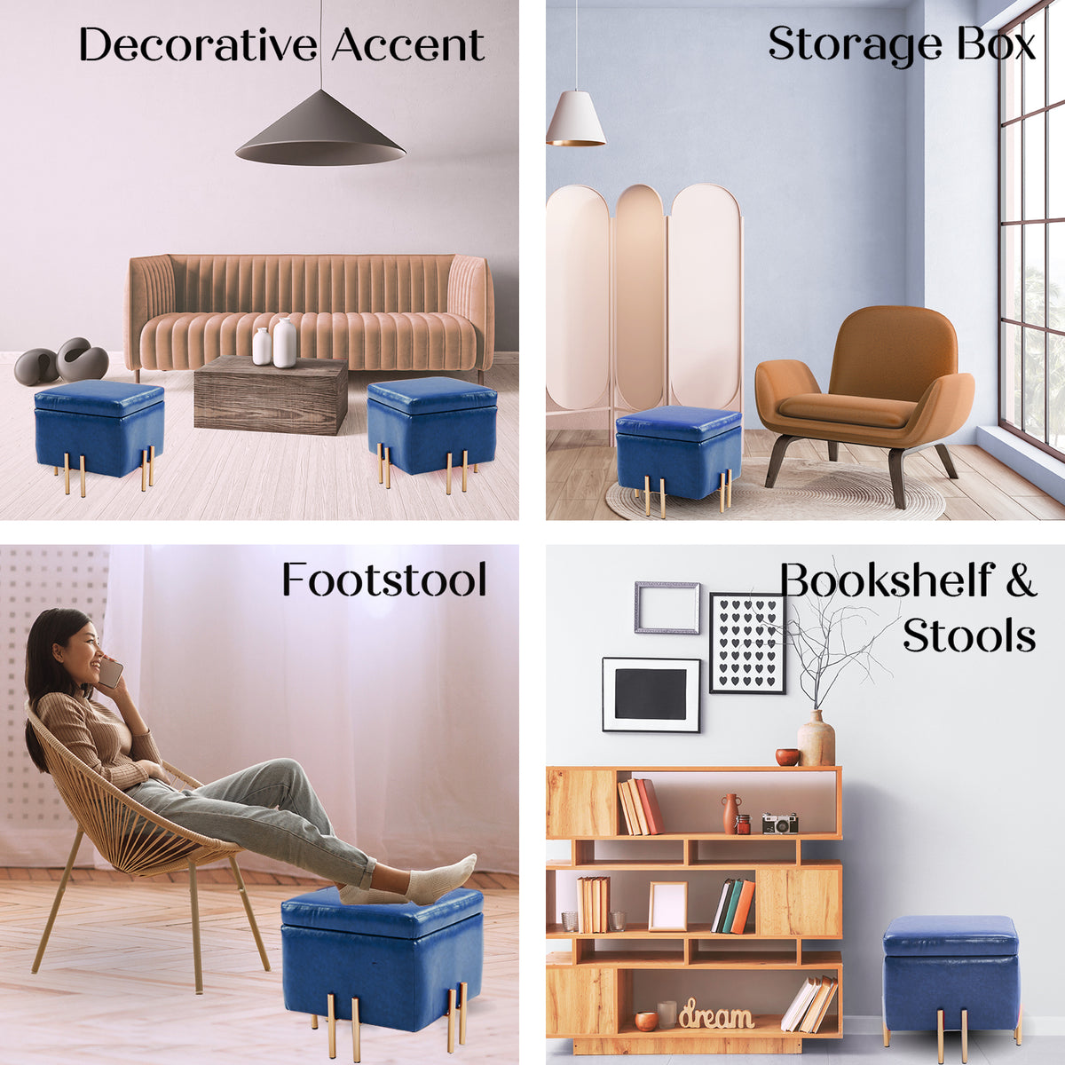 2X 45cm Storage Ottoman Cube PU Leather - BLUE