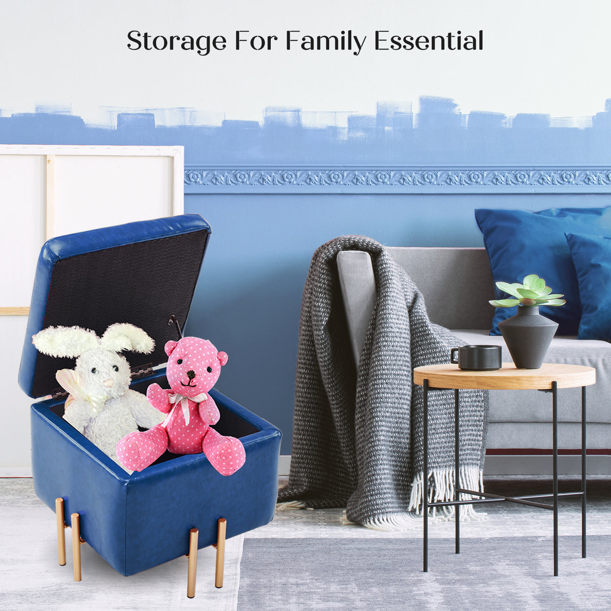 2X 45cm Storage Ottoman Cube PU Leather - BLUE