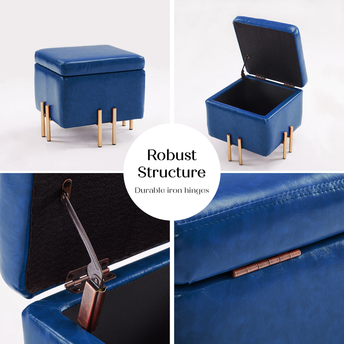2X 45cm Storage Ottoman Cube PU Leather - BLUE