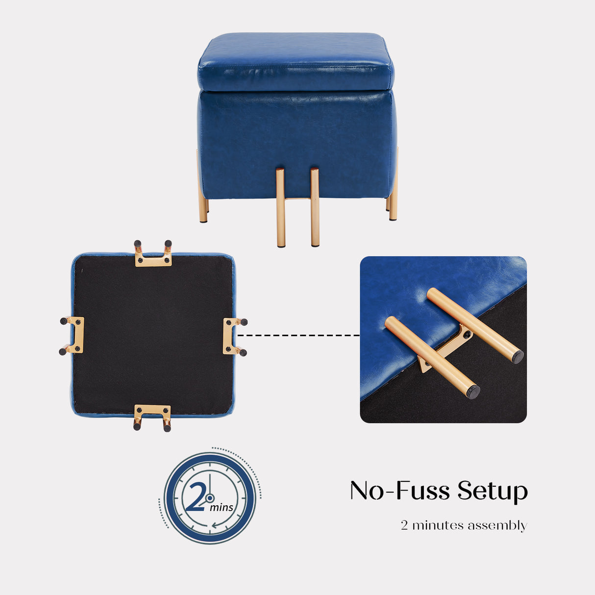 45cm Storage Ottoman Cube PU Leather - BLUE