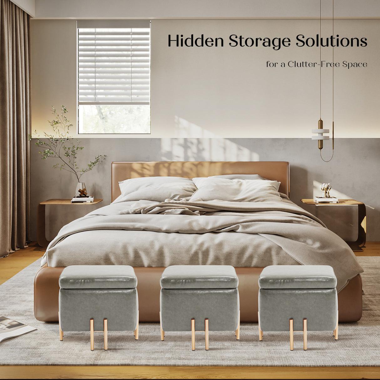 2X 45cm Storage Ottoman Cube PU Leather - GREY