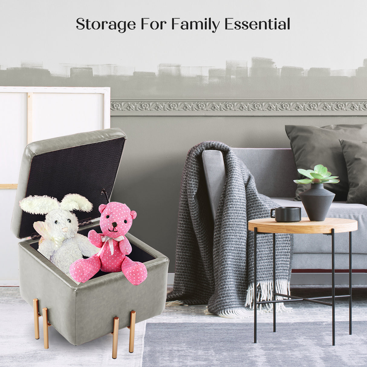 2X 45cm Storage Ottoman Cube PU Leather - GREY