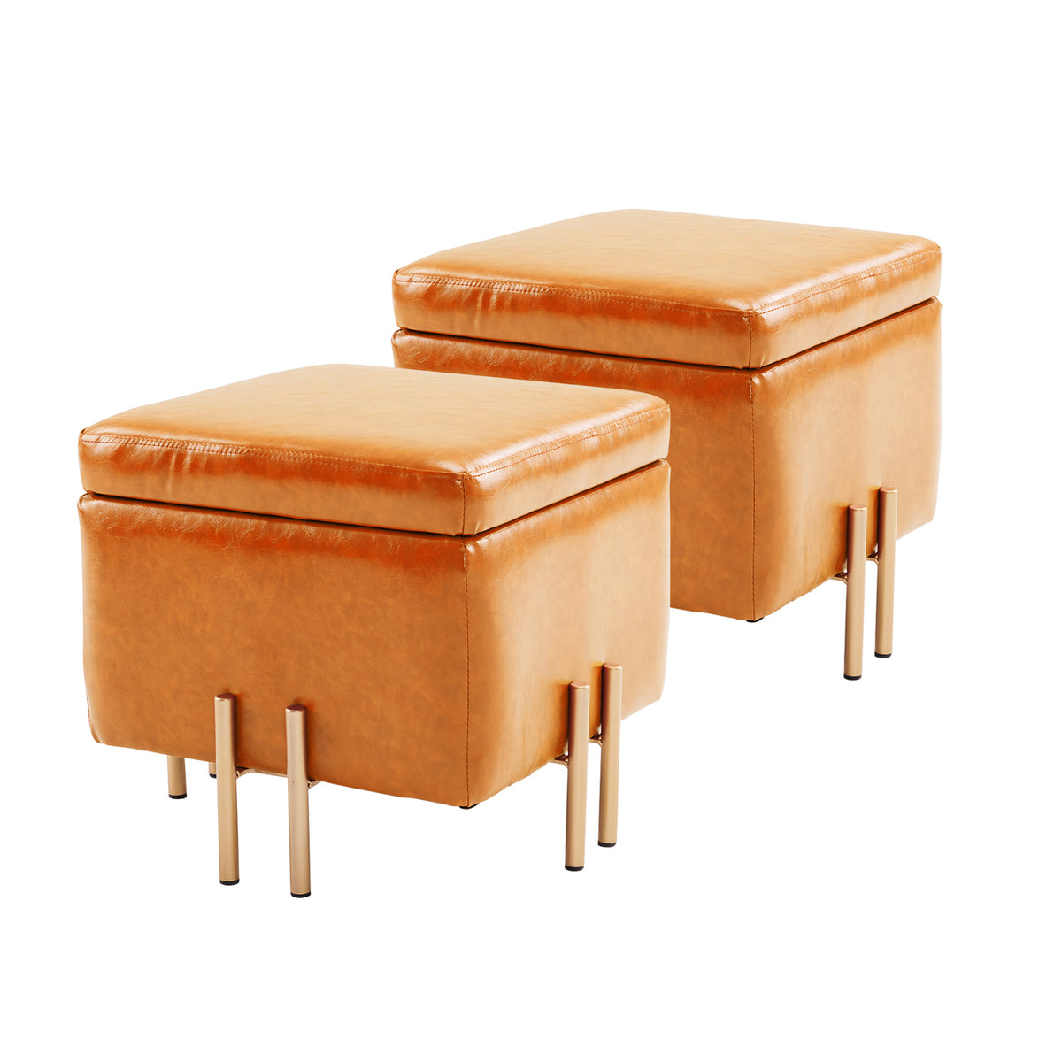 2X 45cm Storage Ottoman Cube PU Leather - LIGHT BROWN