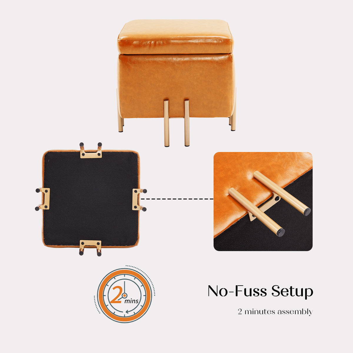 2X 45cm Storage Ottoman Cube PU Leather - LIGHT BROWN