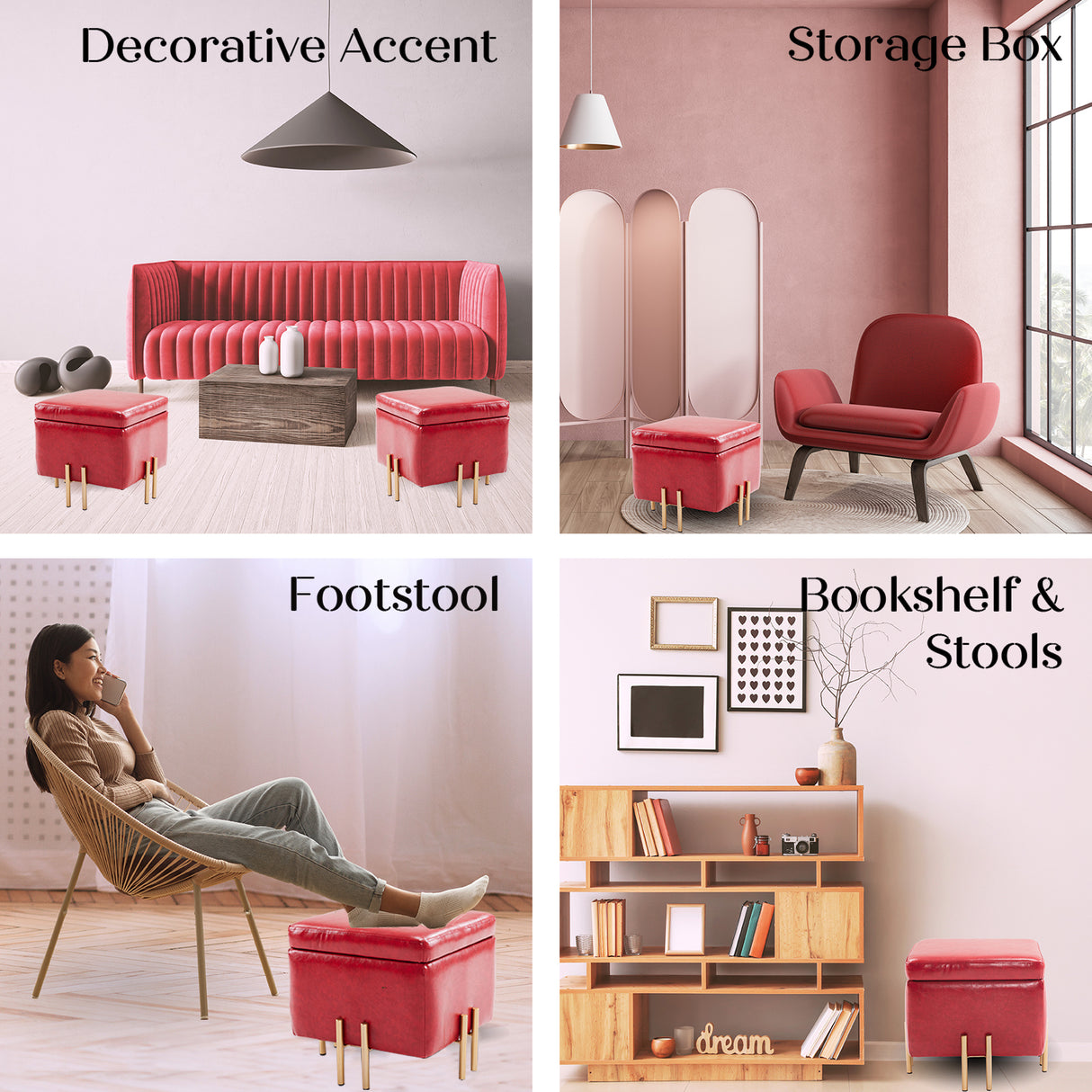 2X 45cm Storage Ottoman Cube PU Leather - RED