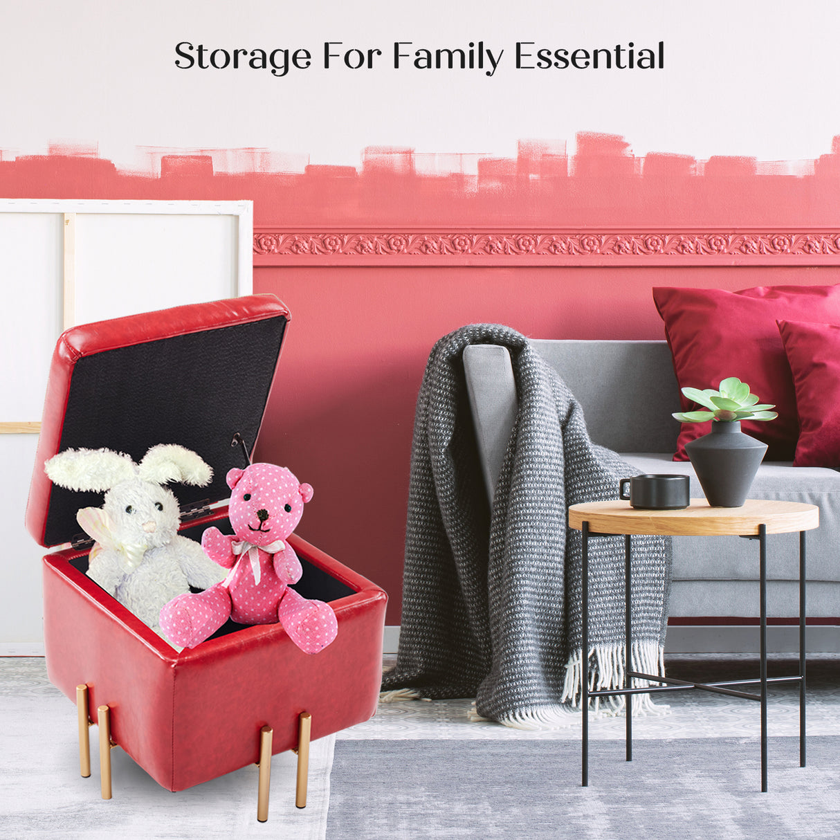 2X 45cm Storage Ottoman Cube PU Leather - RED
