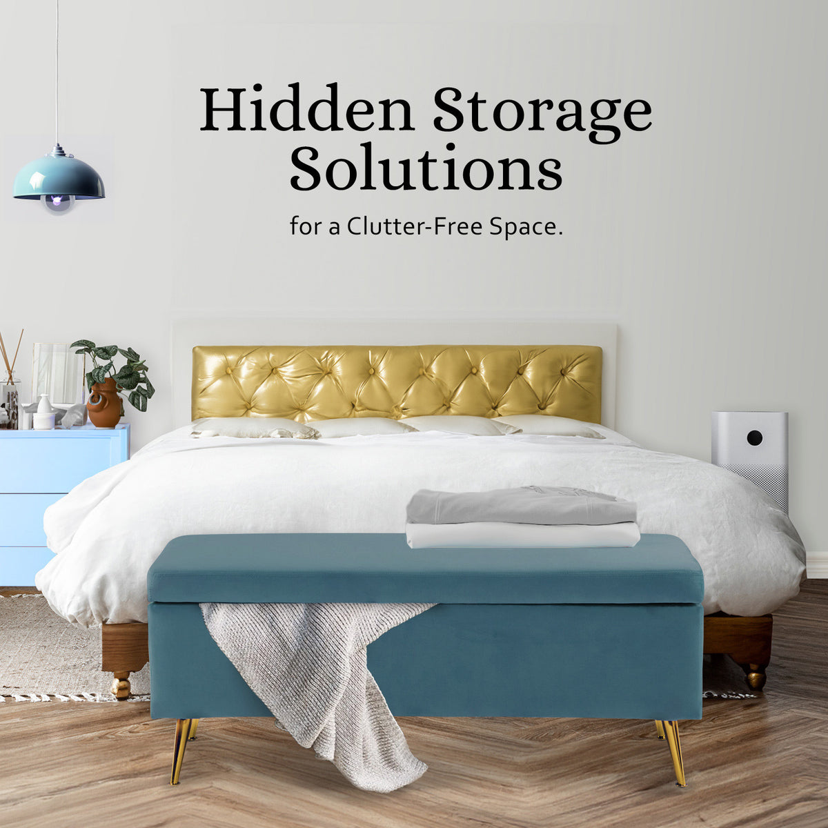 110cm Storage Ottoman Velvet - BLUE