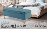 110cm Storage Ottoman Velvet - BLUE - Front View