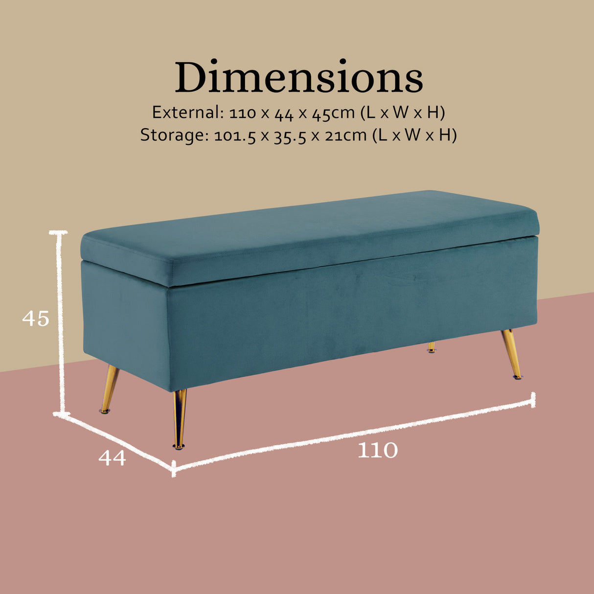 110cm Storage Ottoman Velvet - BLUE