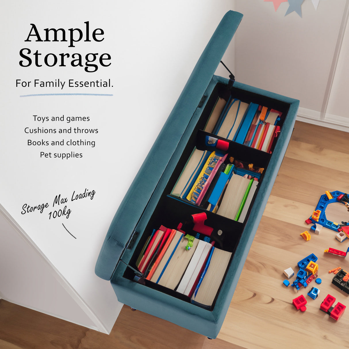 110cm Storage Ottoman Velvet - BLUE