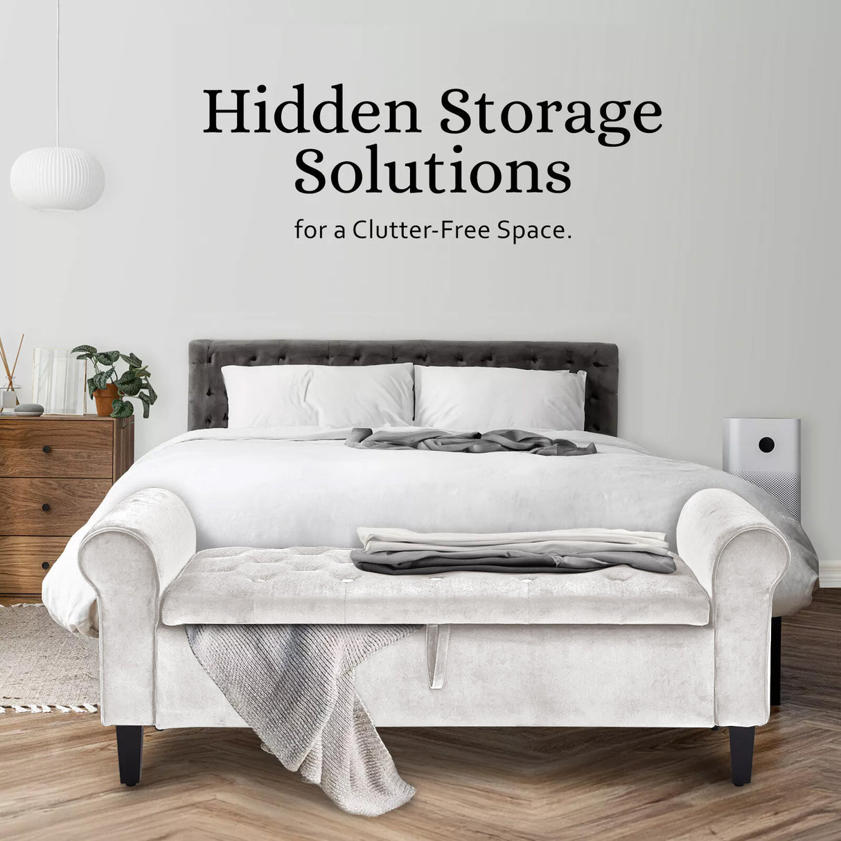 132cm Storage Ottoman Arm Velvet - BEIGE