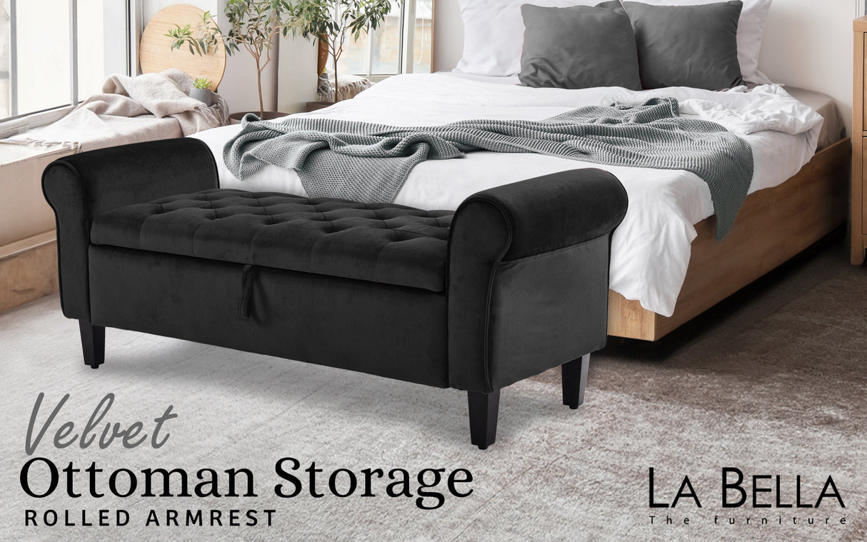 132cm Storage Ottoman Arm Velvet - BLACK