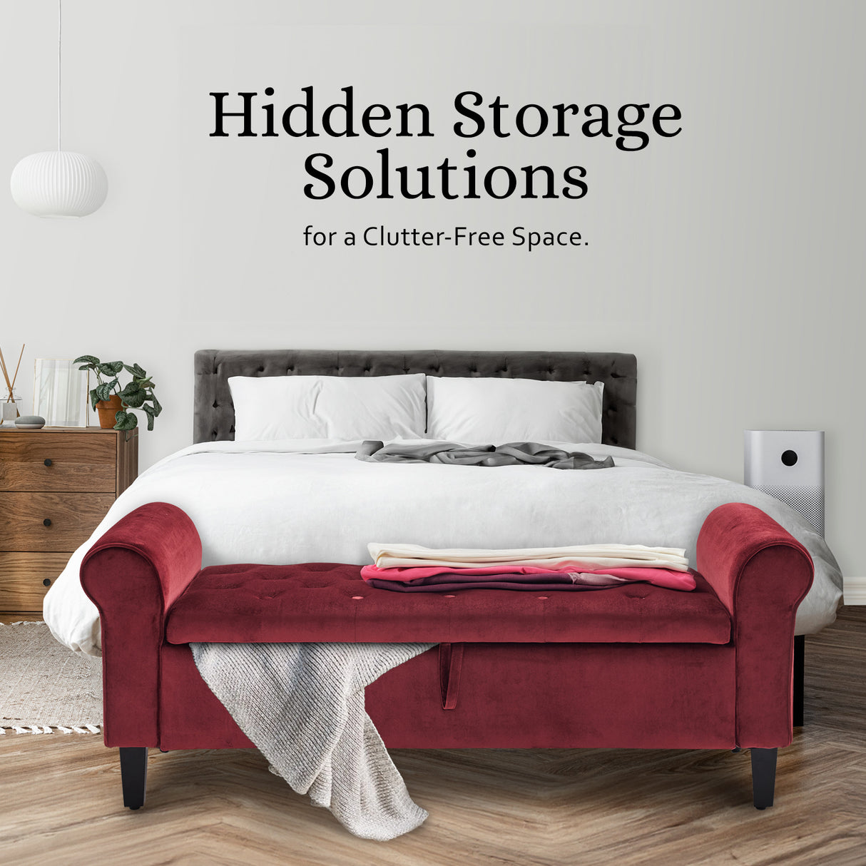 132cm Storage Ottoman Arm Velvet - RED