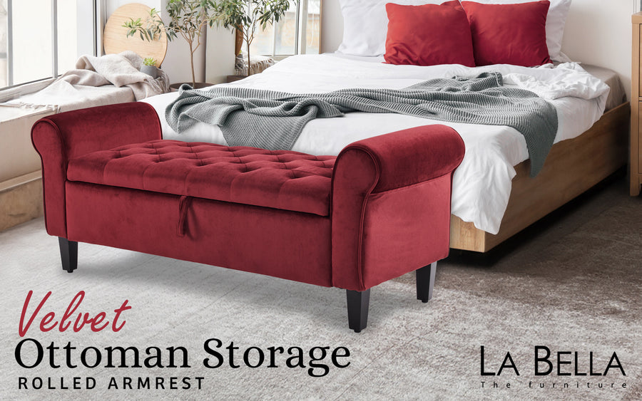 132cm Storage Ottoman Arm Velvet - RED