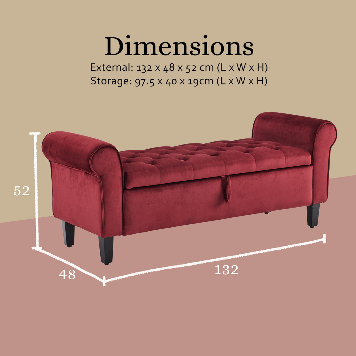 132cm Storage Ottoman Arm Velvet - RED