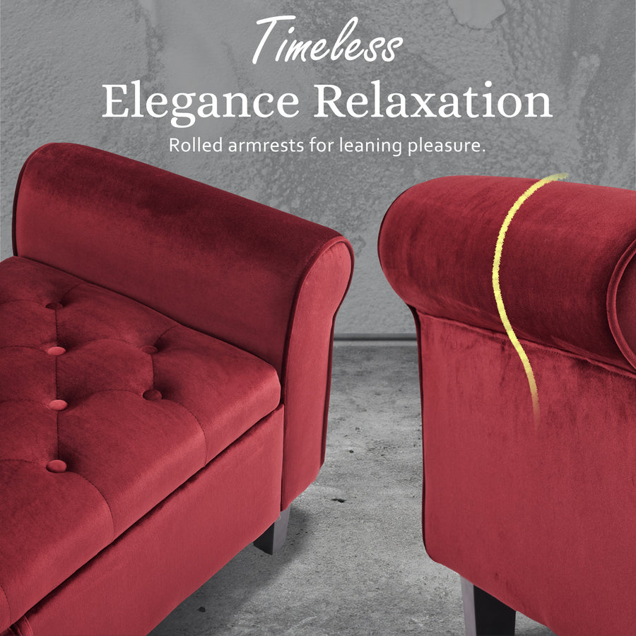 132cm Storage Ottoman Arm Velvet - RED