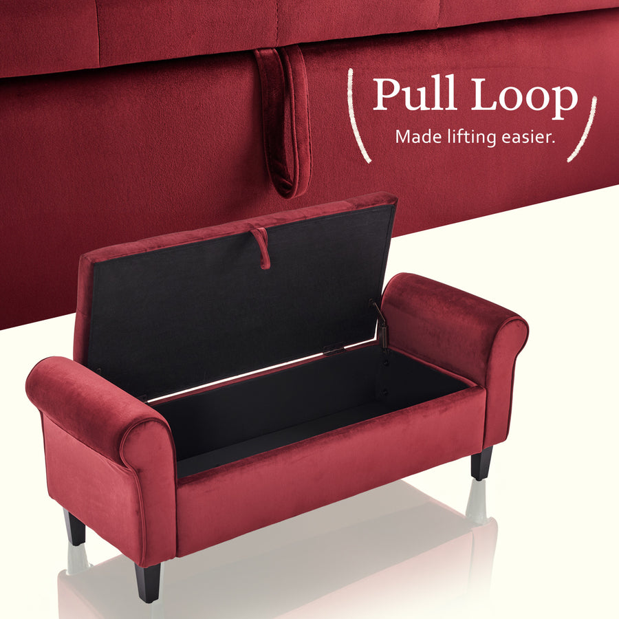132cm Storage Ottoman Arm Velvet - RED