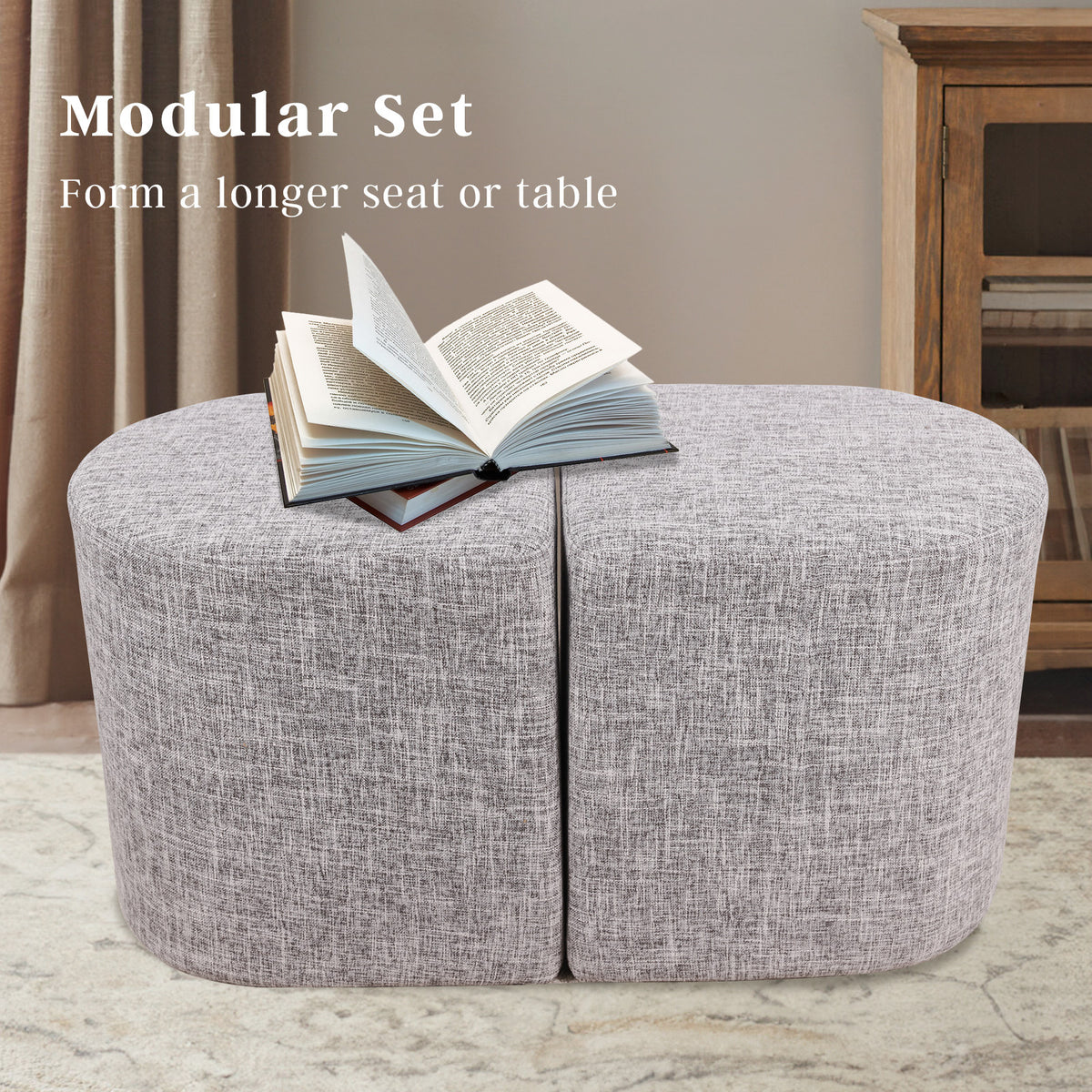 2X Linen Ottoman Stool - DARK GREY